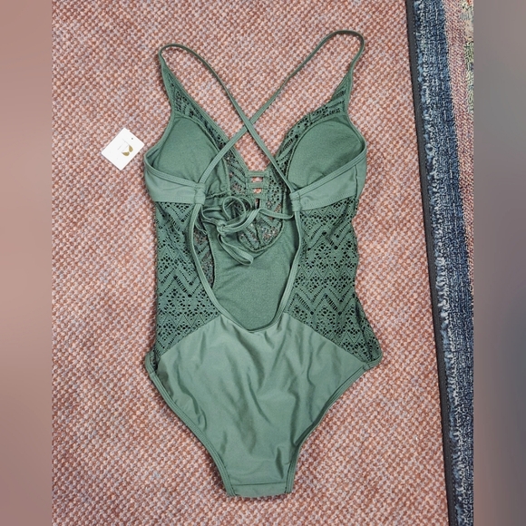 TiniBikini Olive Crochet Plunge One-Piece Swimsuit XS - Picture 2 of 8
